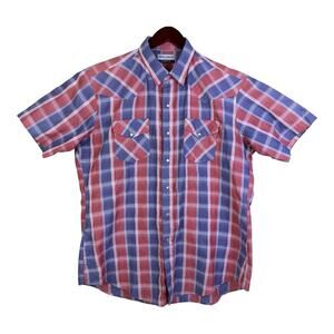Karman Men’s XL Pearl Snap Shirt Wrangler Western Rodeo Red Blue Plaid Vintage
